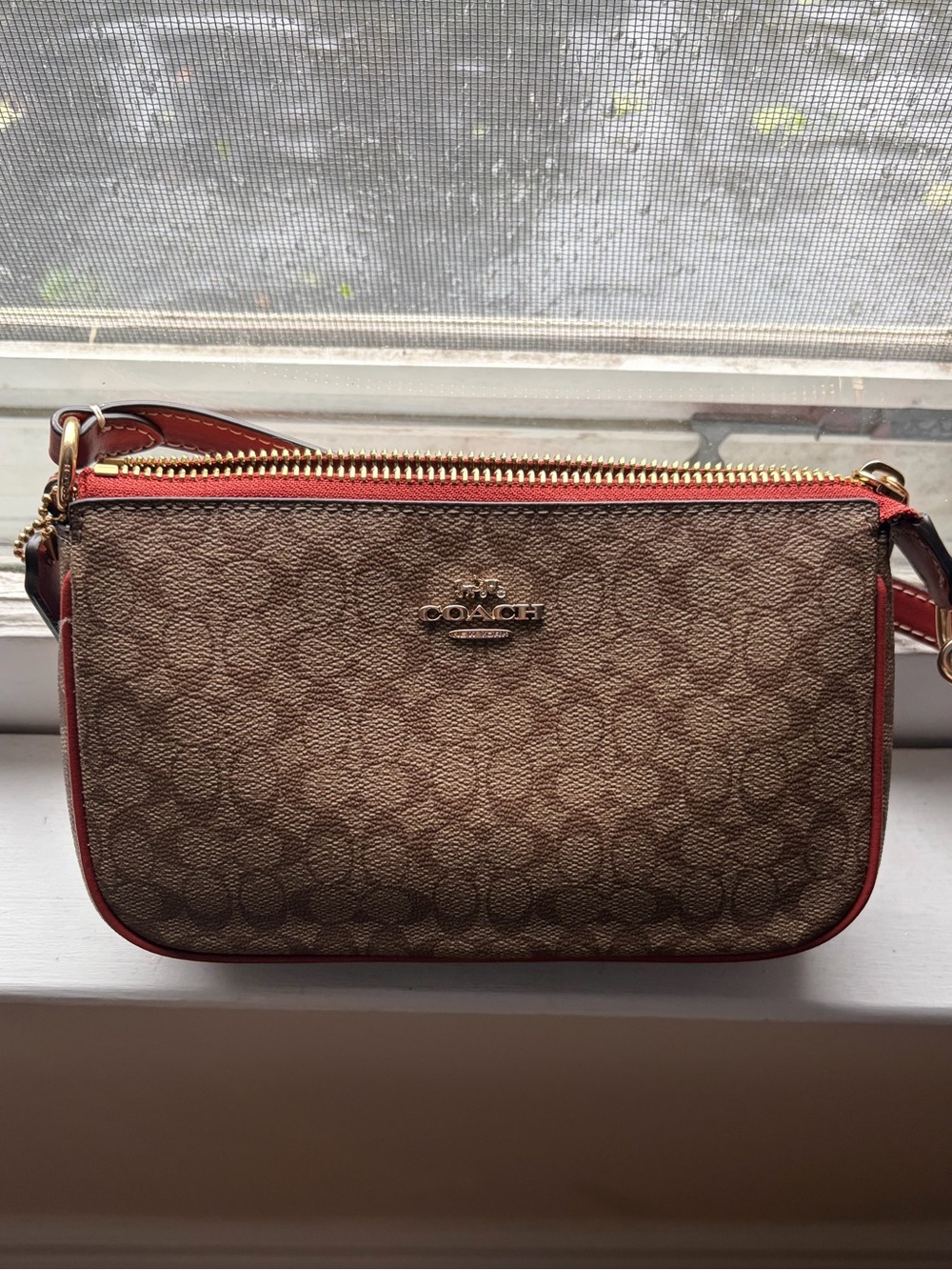 Coach Brown Signature Canvas Crossbody with Red Trim and Gold Hardware